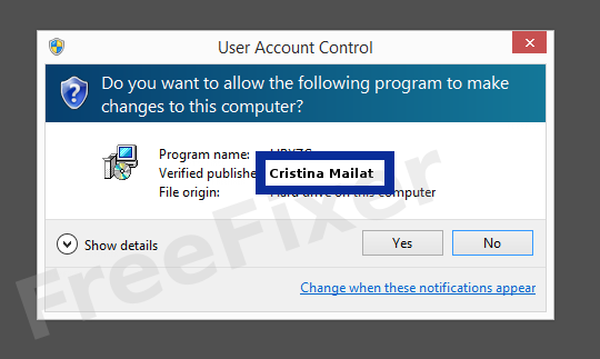 Screenshot where Cristina Mailat appears as the verified publisher in the UAC dialog